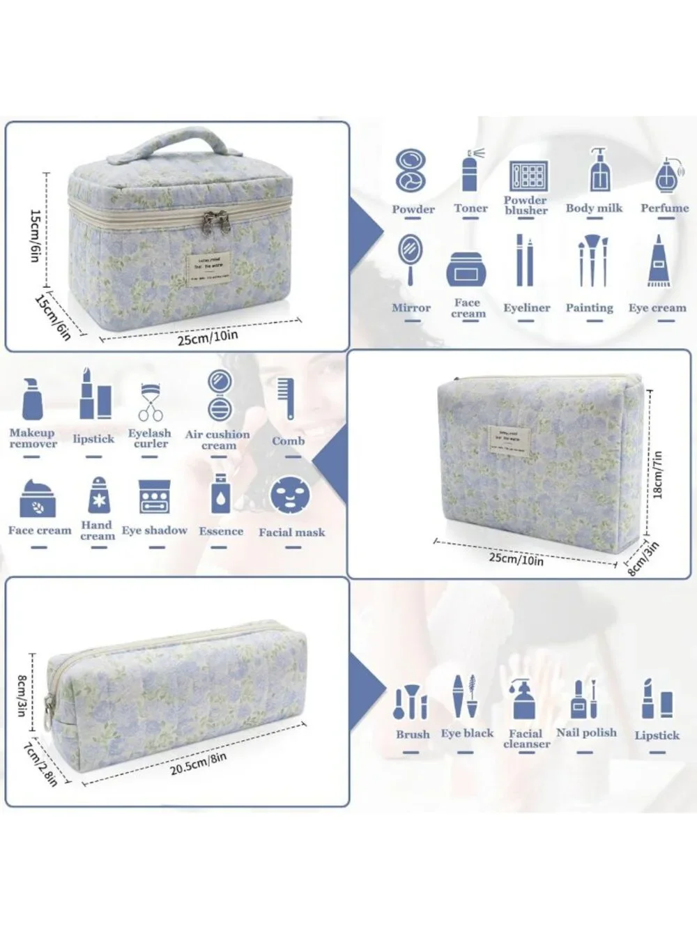 3pc Floral Makeup Bag Set - Quilted Cosmetic Organizer for Travel & Toiletries